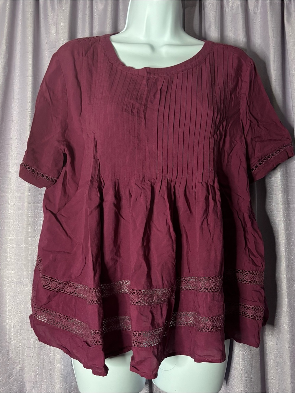 LOFT Wine Pintuck Lace-Inset Peplum Blouse